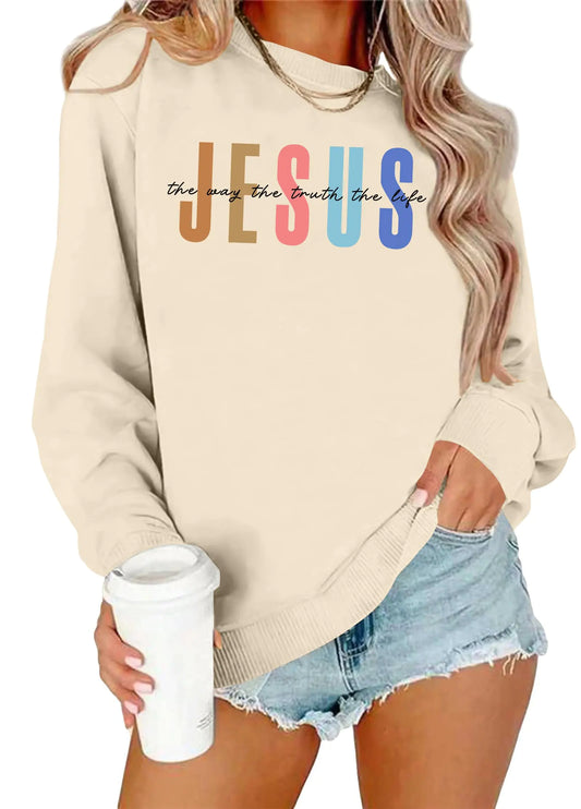 Jesus Faith Sweater Bible Verse Pullover Top Beige