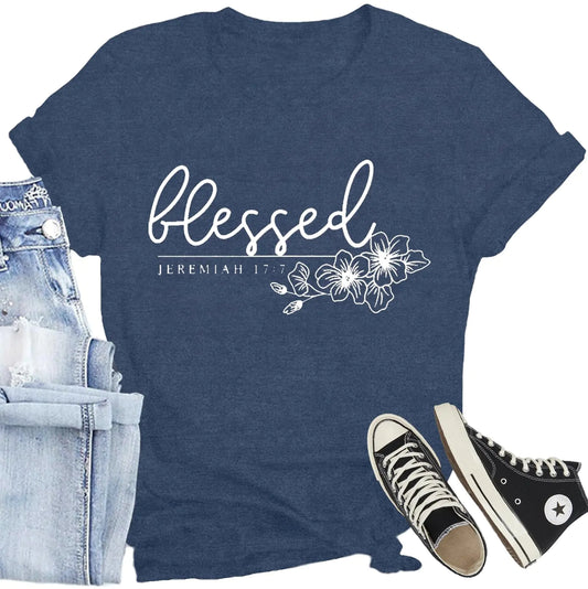 CQF Christian Shirt for Women Blessed Letter Print Bible Verse T-Shirt Retro Faith Short Sleeve Blue