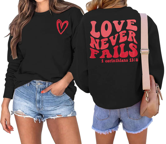 TAOHONG Valentines Day Sweatshirts Women Love Heart Graphic Shirt Long Sleeve Christian Sweatshirt Faith Pullover Black