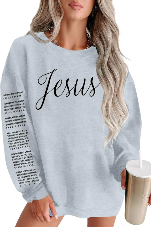 VILOVE Oversized Christian Sweatshirt Women Bible Verse Long Sleeve Shirt Faith Pullover Funny Religious Sweatshirt Grey